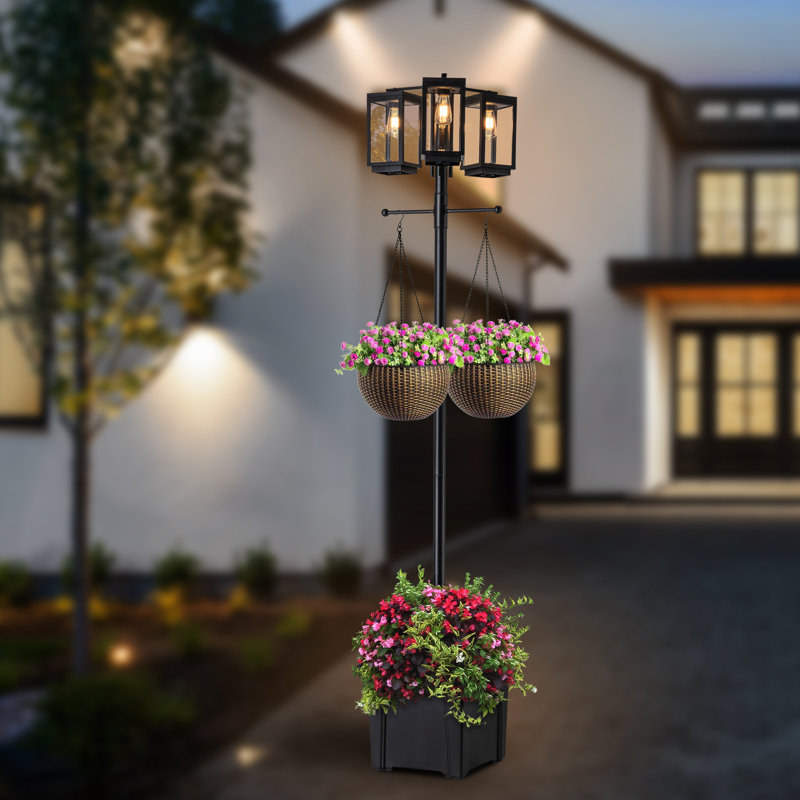 3-light 77.5in Black Complete Post Light With Planter And Clear