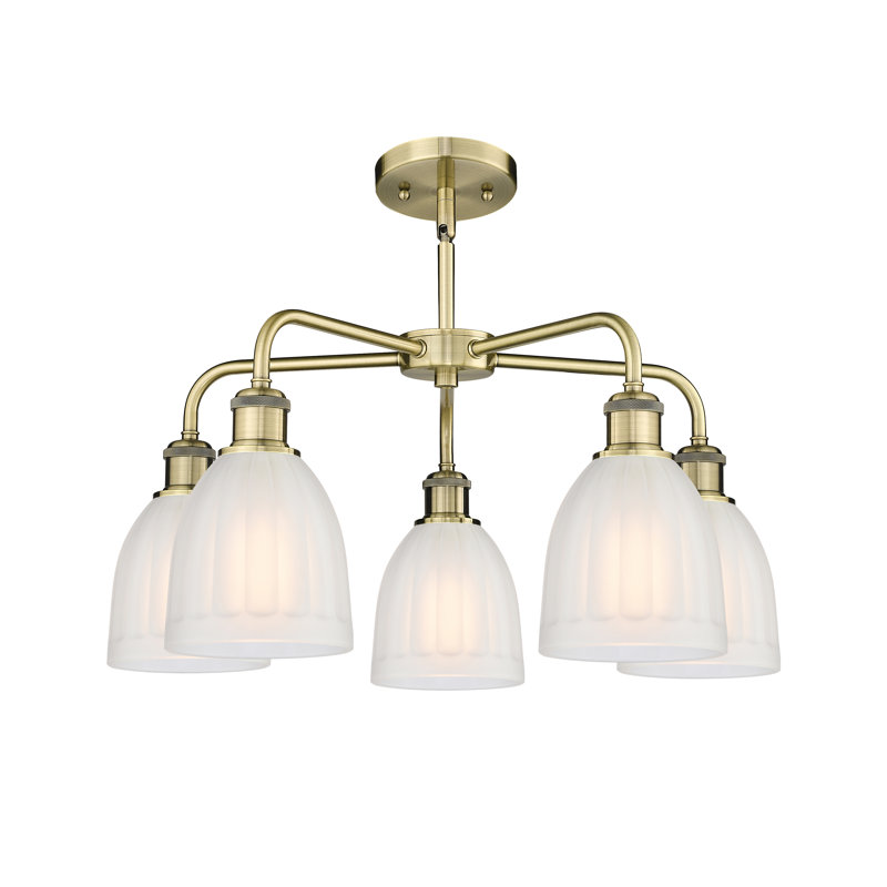 Lustre tambour en acier à intensité variable 5 lumières Poway, Blanc, Laiton antique