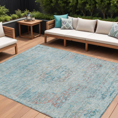 Tapis intérieur lavable 10 pi x 14 pi bleu ciel et rosé Medallion