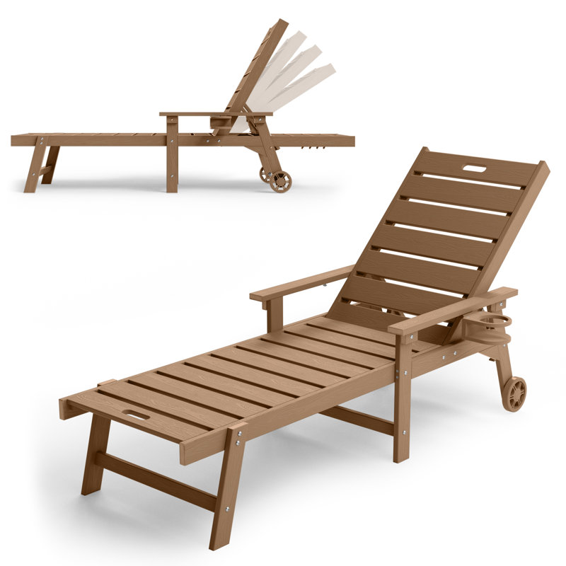 All-Weather HIPS Outdoor Patio Chaise Lounge Chair with 5 Positions, Easy Installation Patio Chaise Lounger with Wide Arms & Rotating Cup Holders & Smooth Bearing Wheels for Pool/Poolside/Beach/Deck/Patio/Backyard, Teak