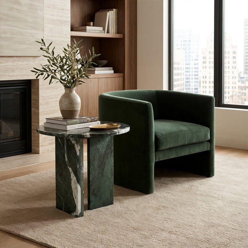 17.7" Natural Round Marble Coffee Table for Living Room, 15.8" H x 17.7" L x 17.7" W, Green