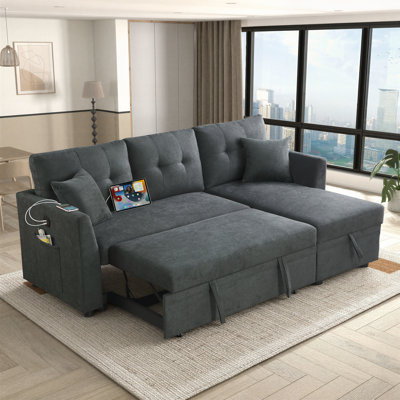 82" Velvet Sleeper Sectional Sofa with Storage Chaise, Convertible Sleeper Sofa Bed, Pull Out Couch with USB Port, Side Pockets