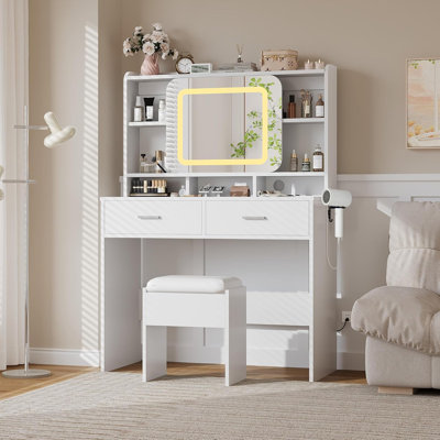 Coiffeuse de maquillage moderne avec miroir à DEL, prises USB, 2 tiroirs et tabouret