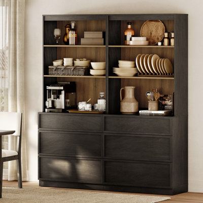 72" Tall 63" Wide Wood Sideboard Buffet with 6 Drawers & Open Shelves for Dining Kitchen
