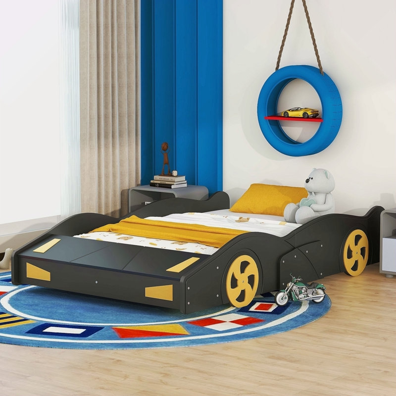 Lit plateforme avec roulettes et rangement Race, Noir, Lit double
