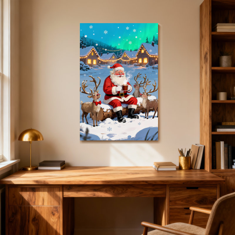 Père Noël de Noël avec des rennes dans un village d'hiver, H 40 po x l 28 po