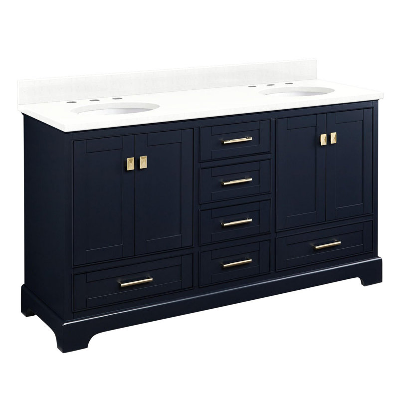 Quen 60" Freestanding Double Basin Vanity Set with Cabinet, Vanity Top, and Oval Undermount Sinks, Midnight Navy Blue