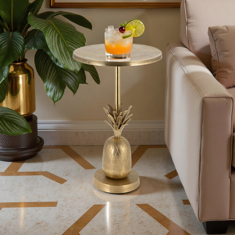 Table d'appoint en métal fabriquée à la main en aluminium avec base ananas, Doré