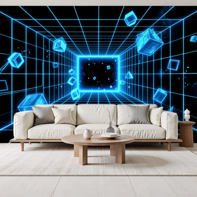Neon Peel and Stick Wallpaper Neon 3D Geometric Tunnel Floating Cubes Futuristic Grid Wall Murals 69"H x 96"W Removable PVC Wall Paper Self-Adhesive Wall Decor for Bedroom Living Room Home Office