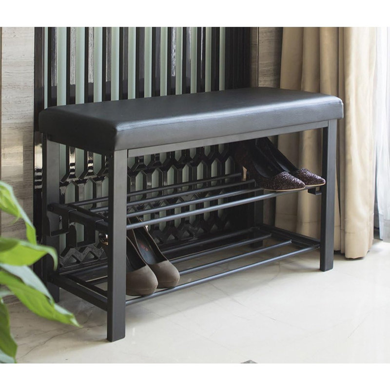 Meuble à chaussures d'entrée avec assise rembourrée - Banc de rangement à chaussures à 2 tablettes avec plateau en similicuir (noir)