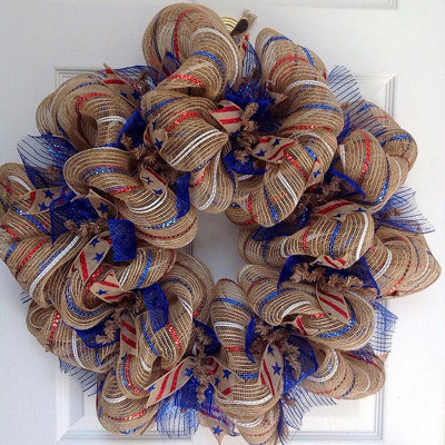 Patriotic Striped Burlap Red and Blue Wreath