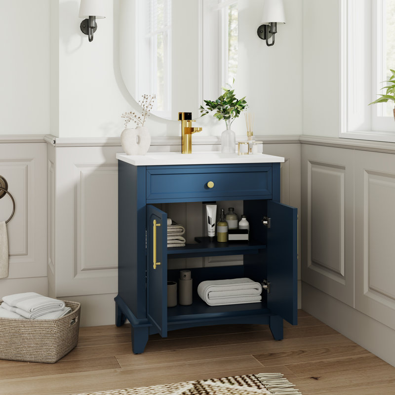 Ensemble de meuble-lavabo autoportant 28 po avec poignées en métal, style Mid-Century peint 28 po, Bleu