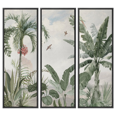 Tropical Palm Trees and Banana Leaves with Birds Botanical Wall Decor - Pictures Framed Canvas Print 3 Pieces Wall Art.