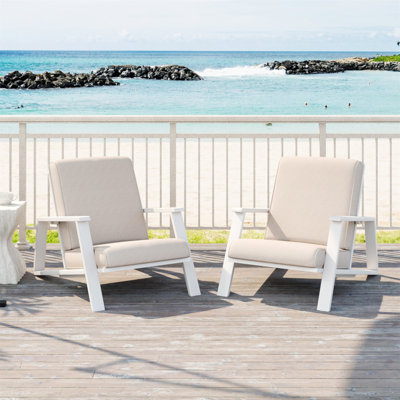 Ensemble de 2 chaises longues pour patio, fauteuil club d'extérieur avec coussin beige et structure en bois d'acacia blanc