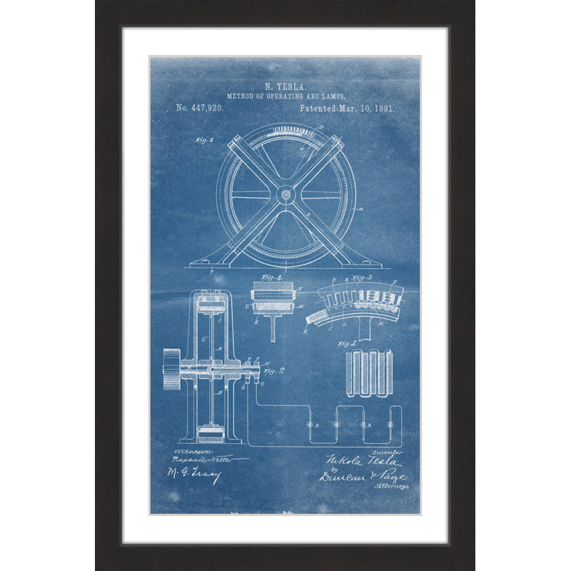 « tesla arc lamp 1891 blueprint » par steve king, reproduction d’art encadrée, H 30 po x l 20 po x P 1,5 po