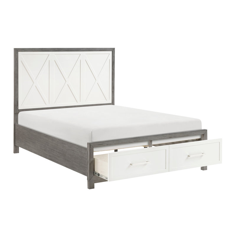 Grand lit plateforme gris avec rangement, style chambre à coucher