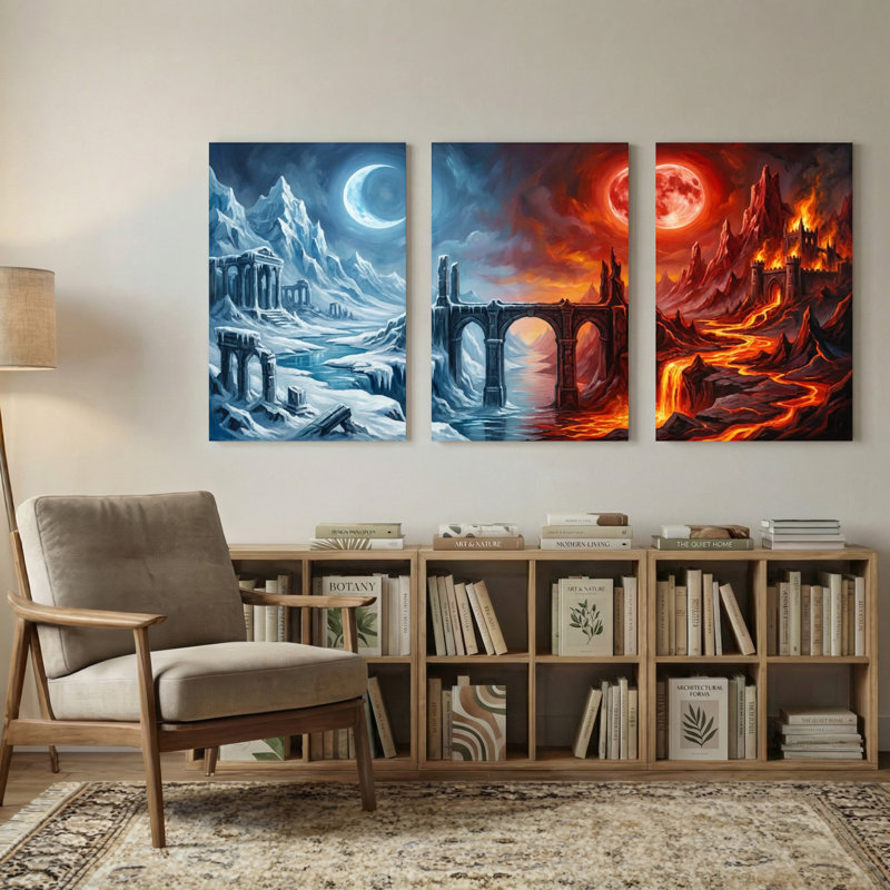 Paysage, nature, glace, lune, ruines, pont, feu, château, H 18 po x l 36 po