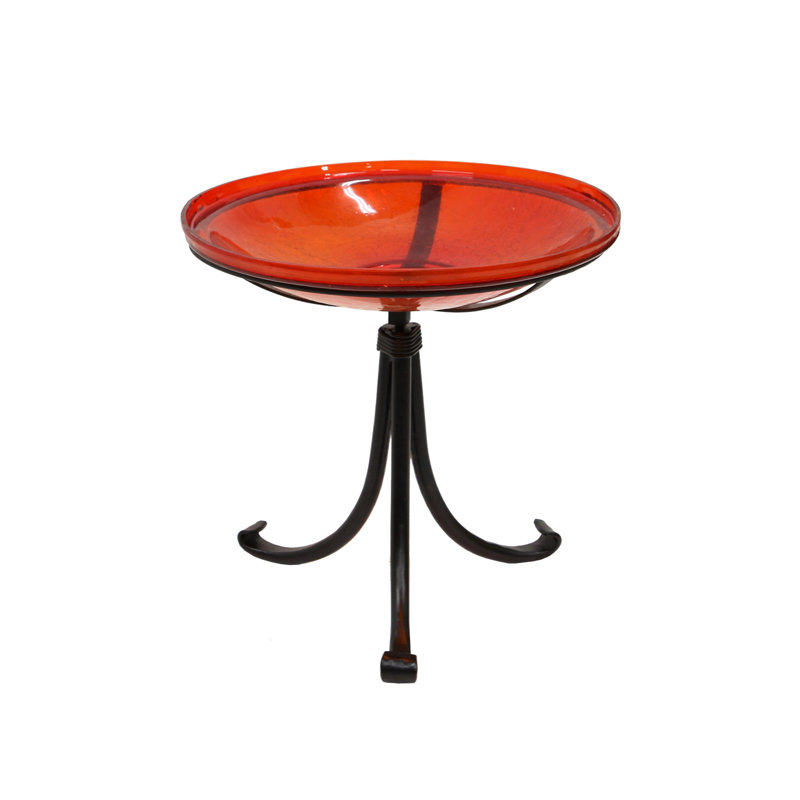 14" Red Crackle Glass Birdbath with Wrought Iron Tripod Stand
