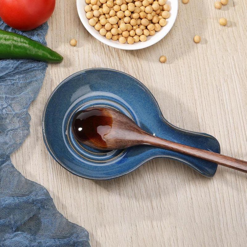 Repose-cuillère en céramique pour comptoir de cuisine, Bleu