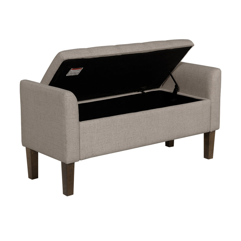 Light Taupe Upholstered Flip-Top Storage Bench with Wood Legs