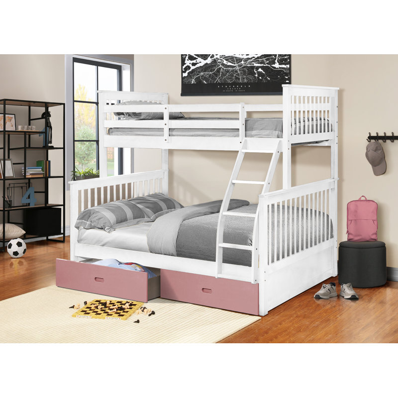 Aleta Twin Over Full Bunk Bed with Underneath Drawers, White/Pink