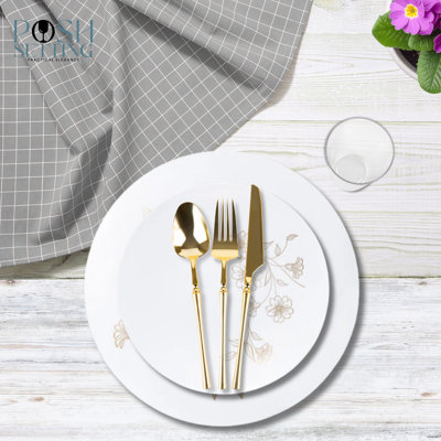 Posh Setting 140 Piece White And Gold Plastic Party Bundle - Primrose (20 Settings)