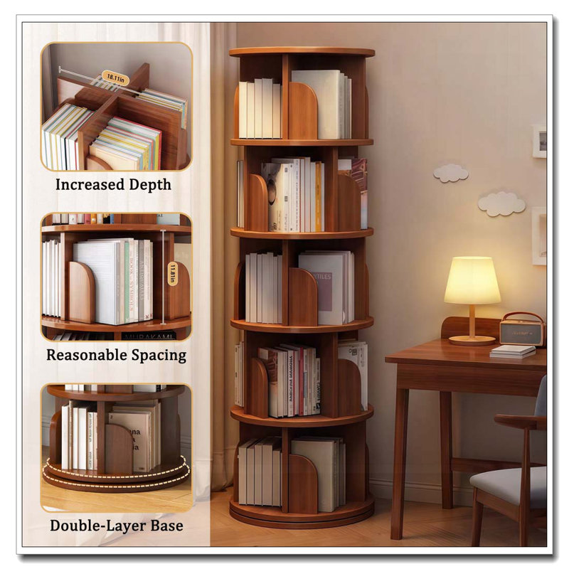 Bibliothèque rotative à 5 niveaux, 360 °, Noyer