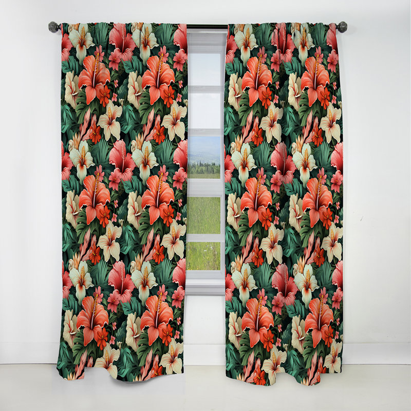 Tropic corail motif tropical II - rideau floral - rideau occultant floral - 1 panneaux, L 52 po x L 95 po