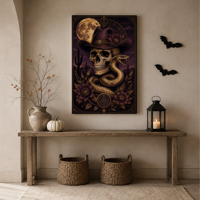 Art mural sur toile, grand crâne de lune avec chapeau de cowboy, H 36 po x l 24 po