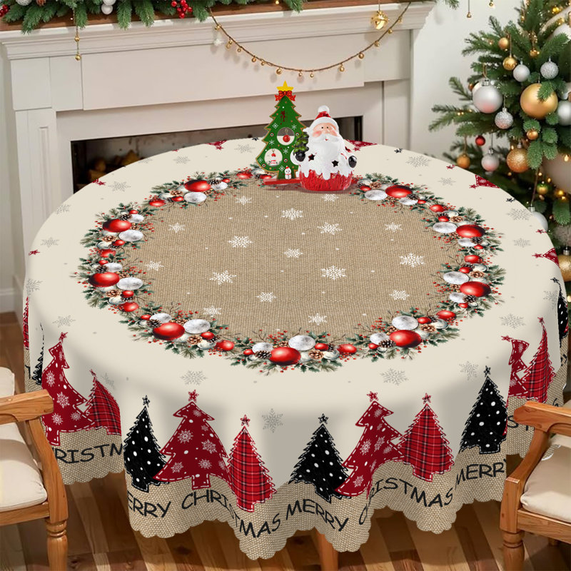 1pc round/rectangular polyester tablecloth, Christmas tablecloth with pine, snowman, truck, embosed edge, Christmas decorations for dining table, festival party holiday table decoration, perfect festival gift