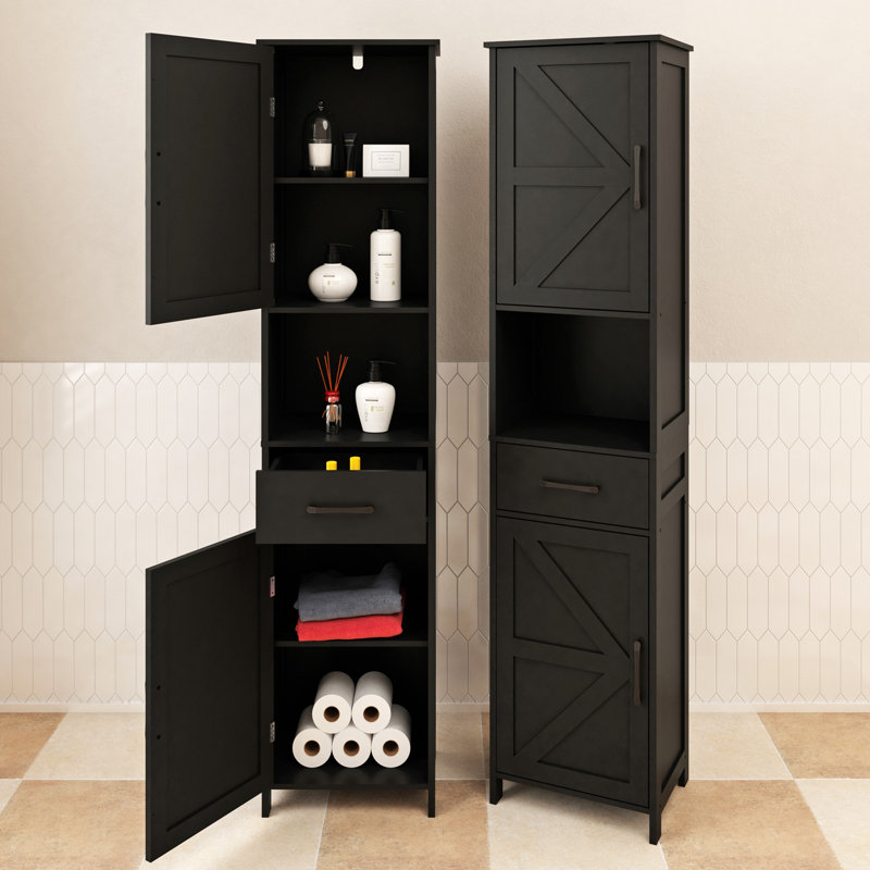 Black Tall Linen Cabinet with Adjustable Shelves, Drawer & X-Panel Doors – Farmhouse Style Freestanding Organizer for Toiletries and Towels