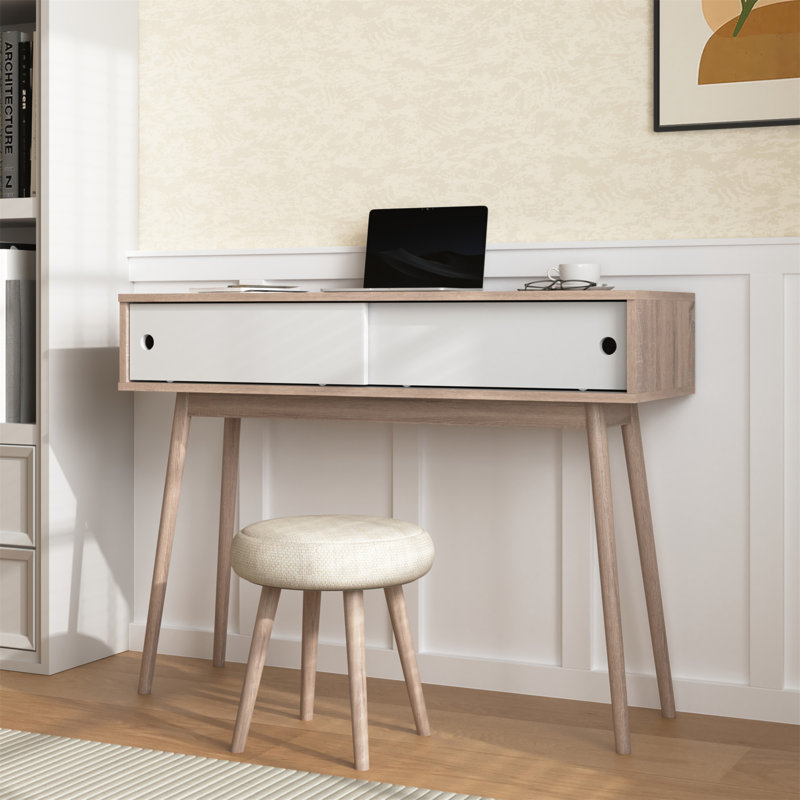 Table d'entrée avec 2 portes coulissantes blanches et rangement, pieds en bois naturel pour le couloir et le salon