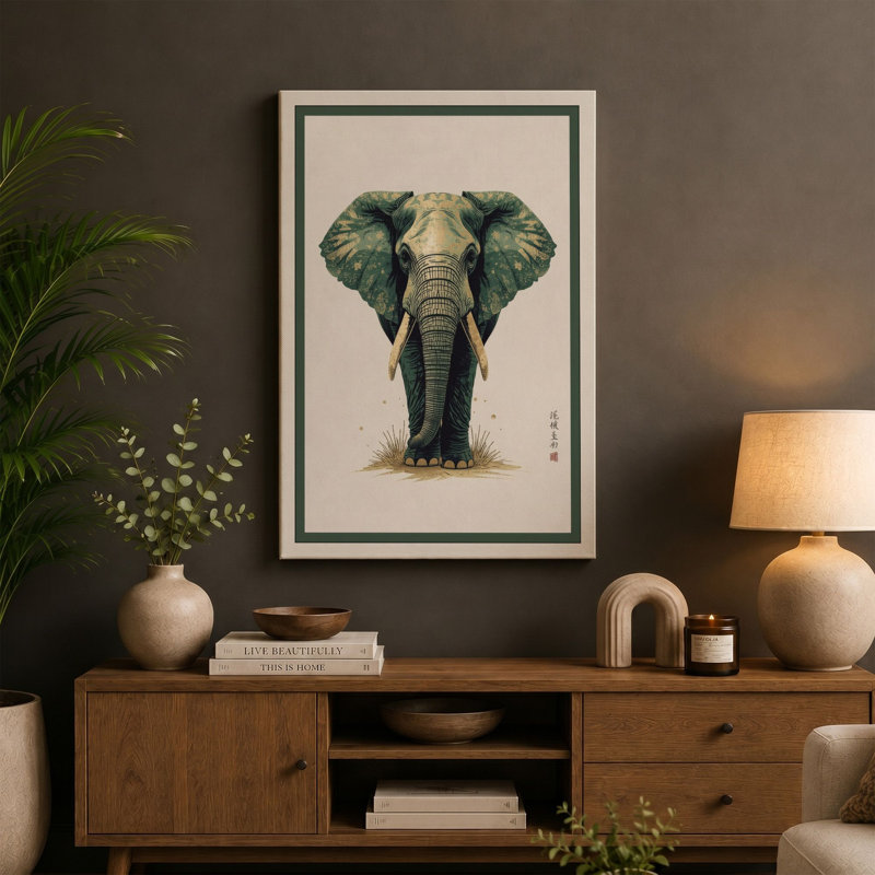 Elephant Portrait Japandi - Wrapped Canvas, 24x16 - 61.0 x 40.6 cm, Teal Border