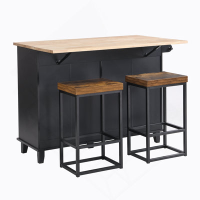 Farmhouse-Style Kitchen Island Set With Drop Leaf, Two Seatings And Ample Storage, Ideal For Small Dining Spaces