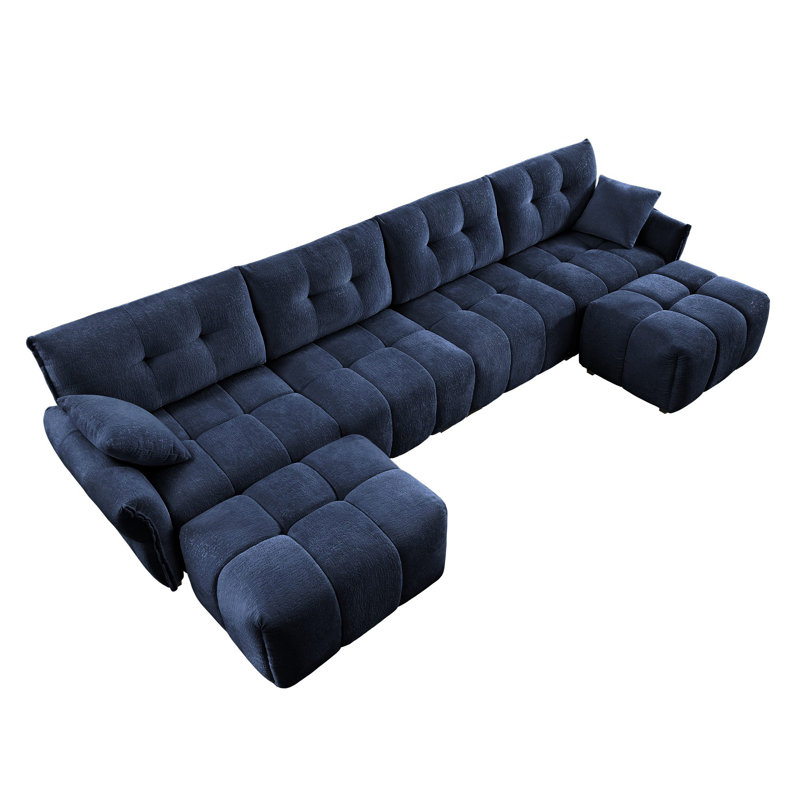 Dengler U-Shaped Chenille Tufted Sectional Sofa with 2 Ottomans & Pillows, Blue Chenille, 141.7" W