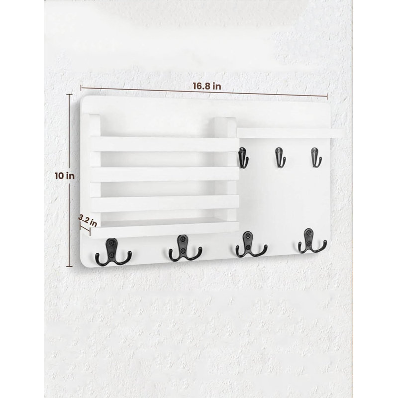 Rustic Dark Brown Wood Wall Mounted Mail Organizer with Key Hooks