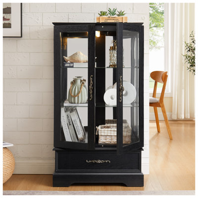 Vitrine lumineuse en verre avec tablettes réglables - Vitrine élégante à 2 portes avec tiroir intégré, éclairage DEL inclus - Armoire d'appoint noire