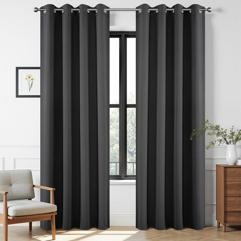 Dark Grey 100% Blackout Curtains, 2 Panels, 96-Inch Thermal Insulated Grommet Drapes, Full Light & Heat Blocking For Bedroom & Living Room