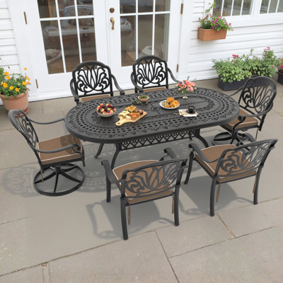 Ensemble de salle à manger d'extérieur ovale 6 personnes 81,89 po L avec trou pour parasol, 2 chaises pivotantes + 4 chaises empilables, coussins bruns