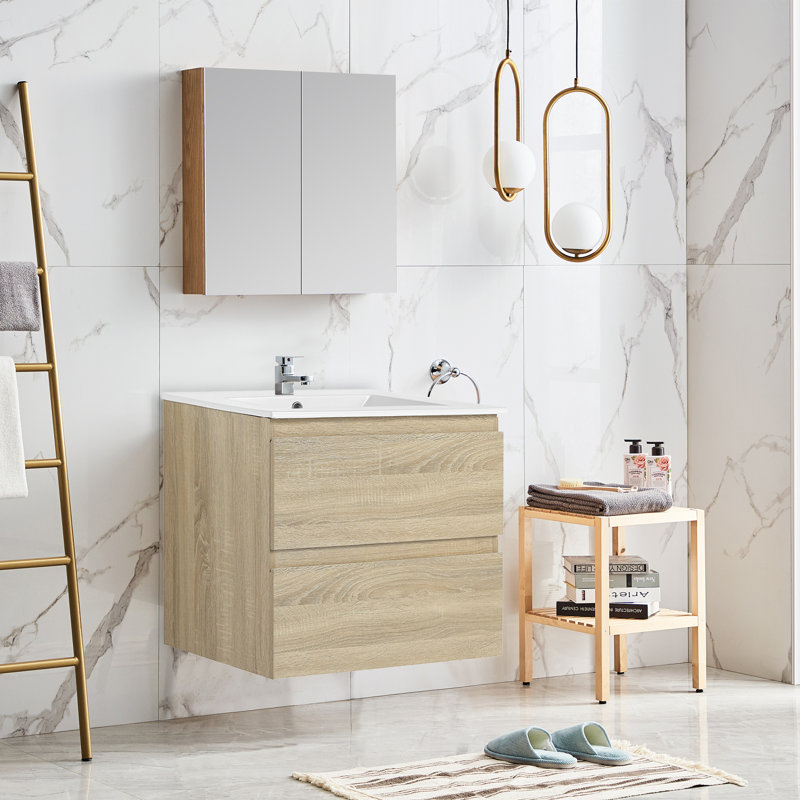 Meuble-lavabo mural simple en chêne clair 24 po avec comptoir en céramique