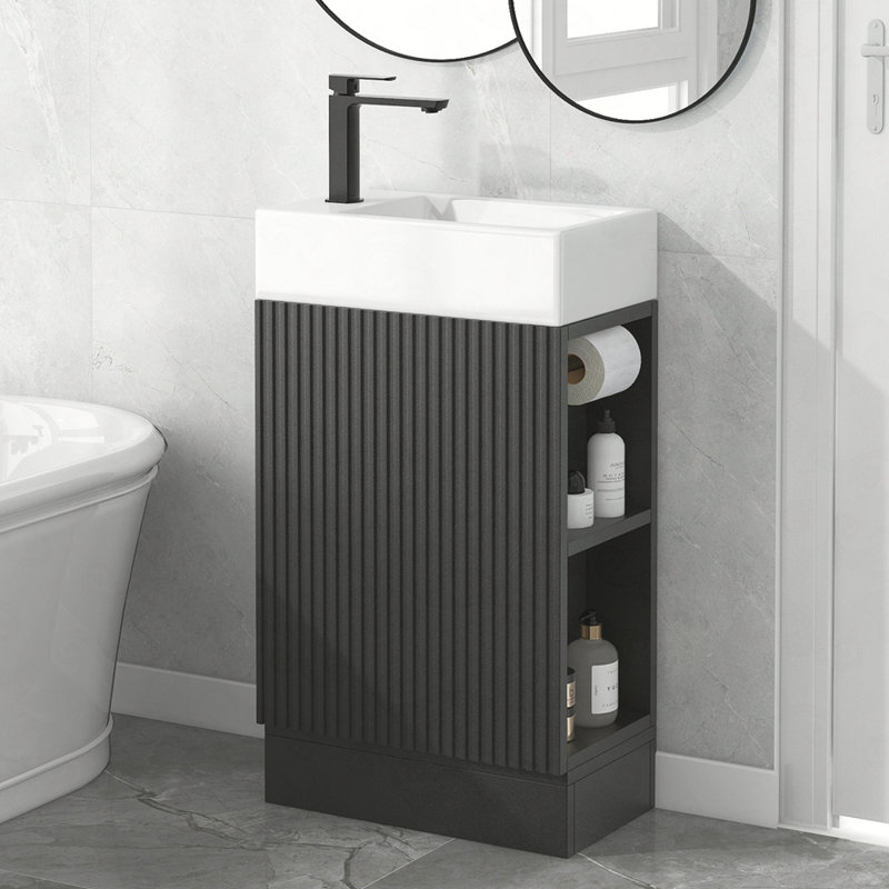 Meuble-lavabo 18,6 po avec lavabo, meuble-lavabo avec tablette à deux niveaux, orienté vers la gauche ou vers la droite, Noir