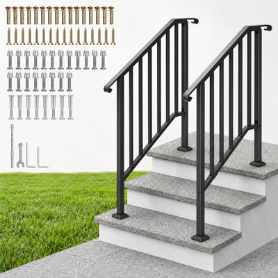 2-Pack Adjustable Outdoor Stair Handrail Kit – Heavy Duty Galvanized Steel, Black Powder Coated with Balusters, Industrial Pipe Style for Porch & Concrete Steps (3 Steps)