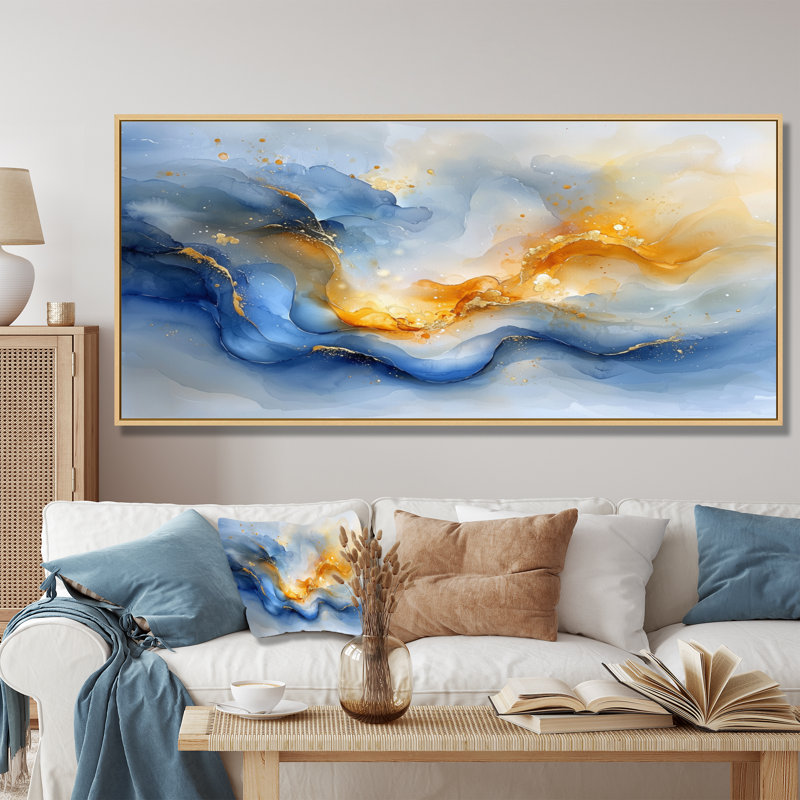 «Blue Yellow Dream Lines V - Abstract collages», art mural, H 28 po x l 60 po, Cadre flottant, Naturel