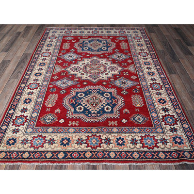 4'10"x7' Scarlet Red, Kazak with Geometric Medallions Design, Vegetable Dyes, Hand Knotted, Denser Weave, Pure Wool, Oriental Rug