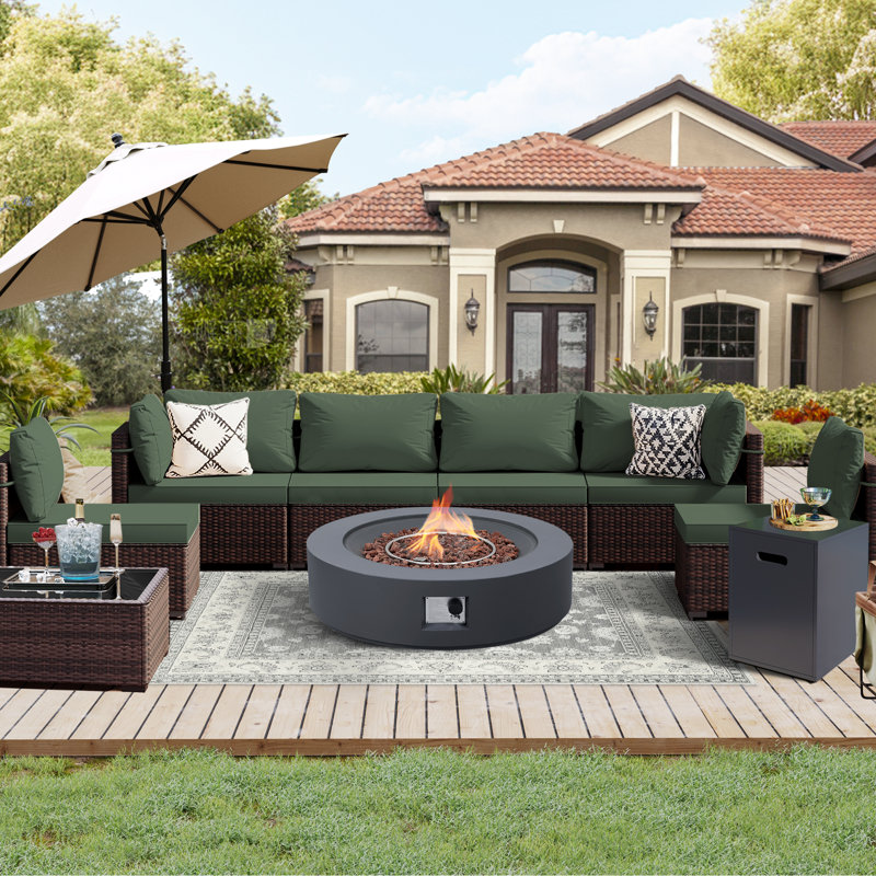 9-Piece Outdoor Rattan Patio Conversation Set with 42-Inch Fire Pit Table and Complimentary Comfortable Seat Cushion