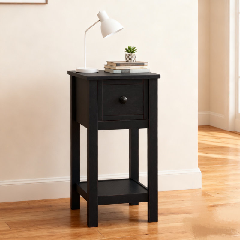 Table compacte avec 1 tiroir et 1 tablette fixe, tiroir de rangement, salon, placage en bois massif