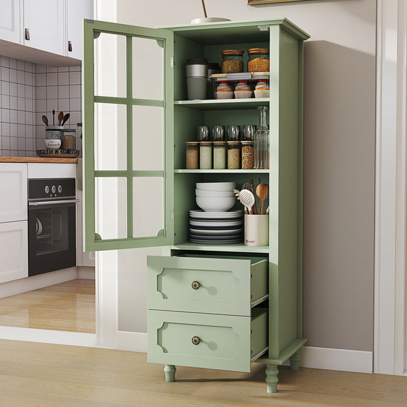 Buffet minimaliste avec portes en verre et double tiroir, buffet de rangement moderne, armoire de salon, Vert menthe