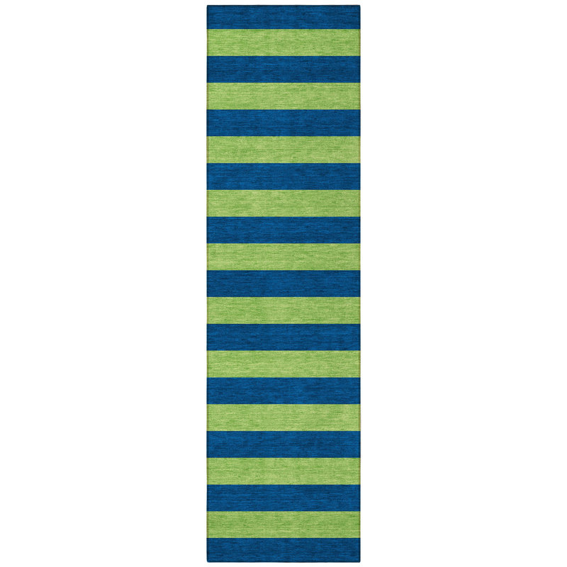 8' Runner Navy Blue Striped Washable Non Skid Indoor Outdoor Runner Rug