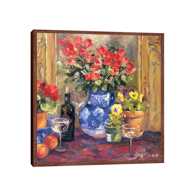 Red Flowers 1 Piece Painting on Canvas, 66.04 cm H x 66.04 cm W, Classic Brown Wood Framed Canvas