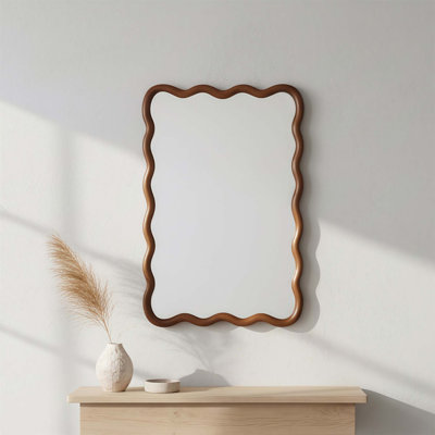 Walnut Color Wavy Rectangle Solid Wood Frame Decorative Mirror, Ideal for Various Home Spaces and Enhancing Aesthetic Appeal